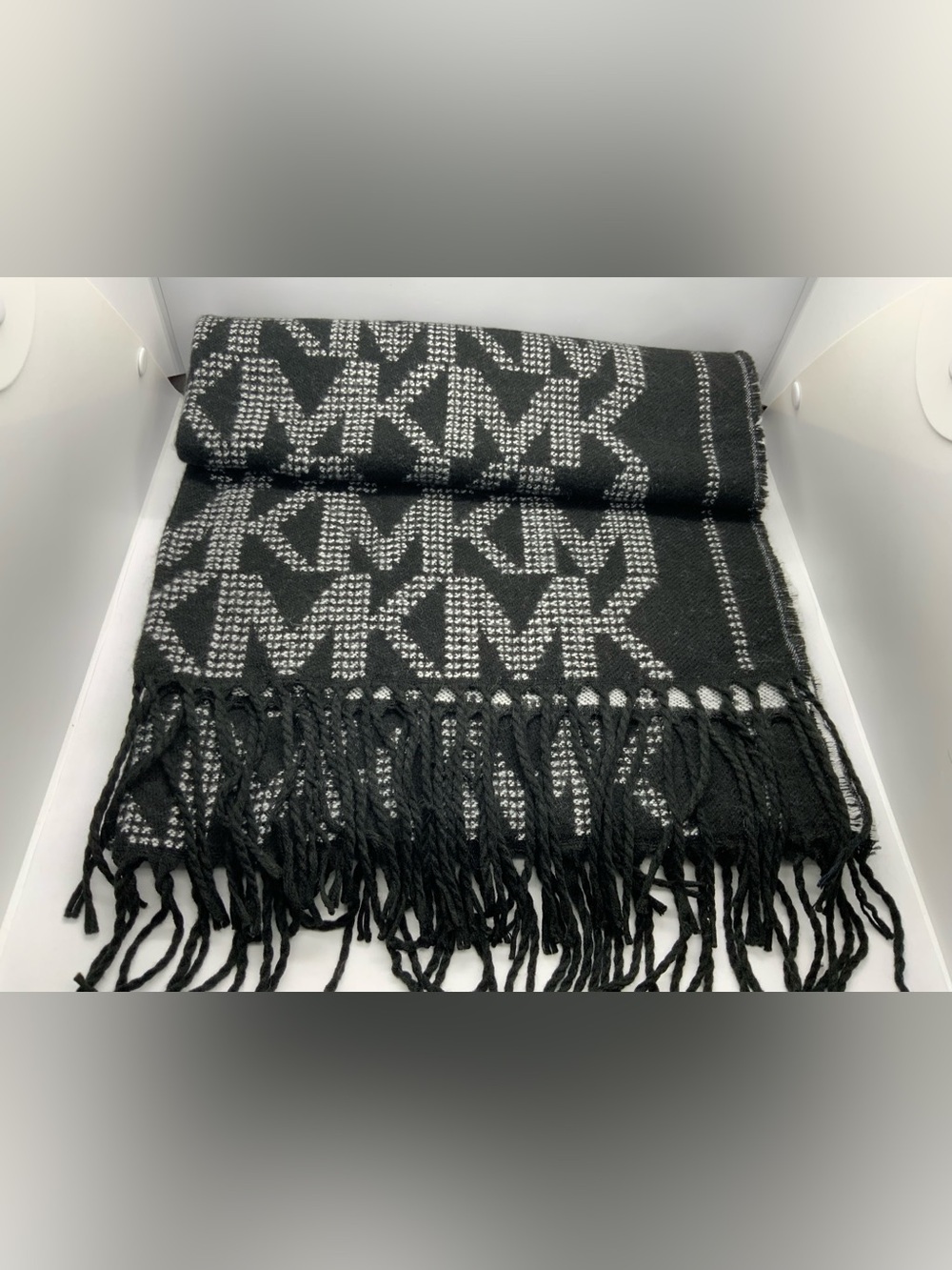 Michael Kors Black & White Logo Fringe Scarf